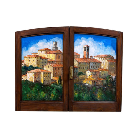 Painted on Wooden Window | Tuscan Landscape | Montepulciano Village | 119x95cm