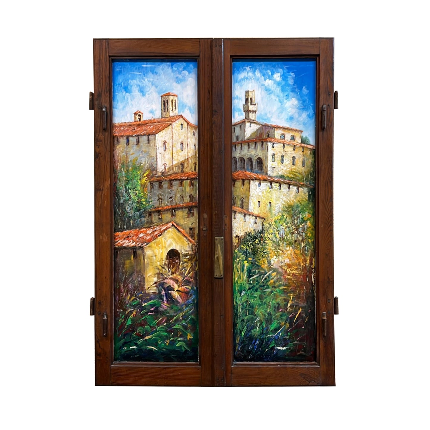 Hand-painted Tuscan Landscape on Wooden Window - Montepulciano Village - 91x128cm