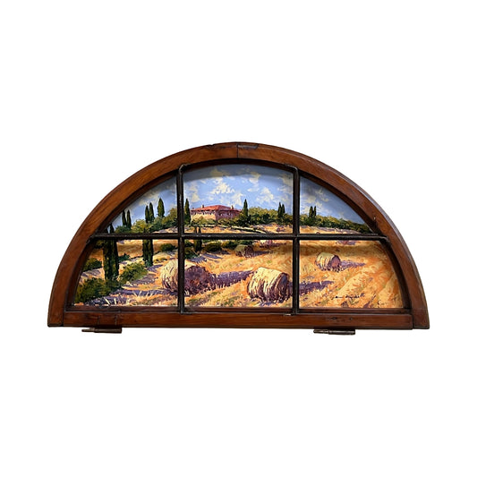Painted on Wooden Window | Tuscan Landscape | Wheat | 79x38cm