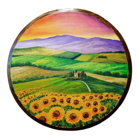Painted on Barrel Background | Tuscan Landscape | Sunflowers | 55cm