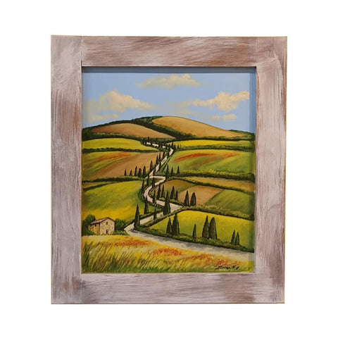 Painted on Wood | Tuscan Landscape | Country Road | 38x43cm