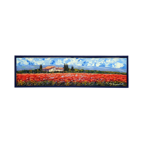 Painted on Canvas | Tuscan Landscape | Poppies | 81x21cm
