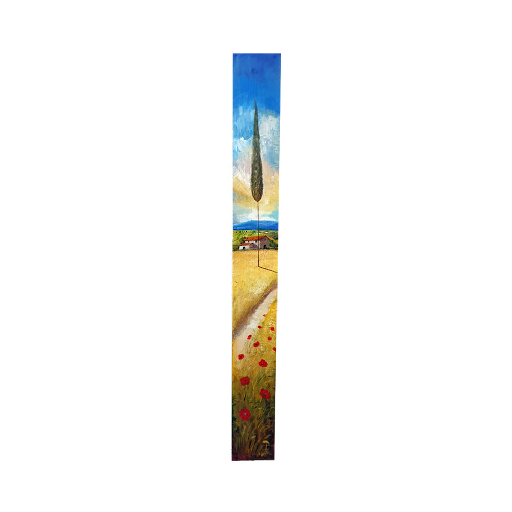 Painted on Wooden Plank | Tuscan Landscape | Poppies | 9x100cm