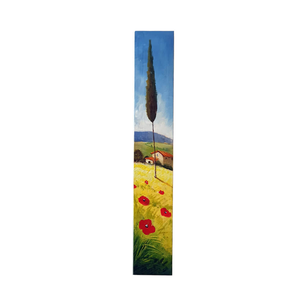 Painted on Wooden Plank | Tuscan Landscape | Poppies | 9x50cm