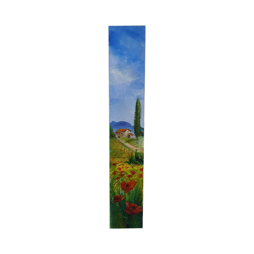 Painted on Wooden Plank | Tuscan Landscape | Poppies | 9x50cm