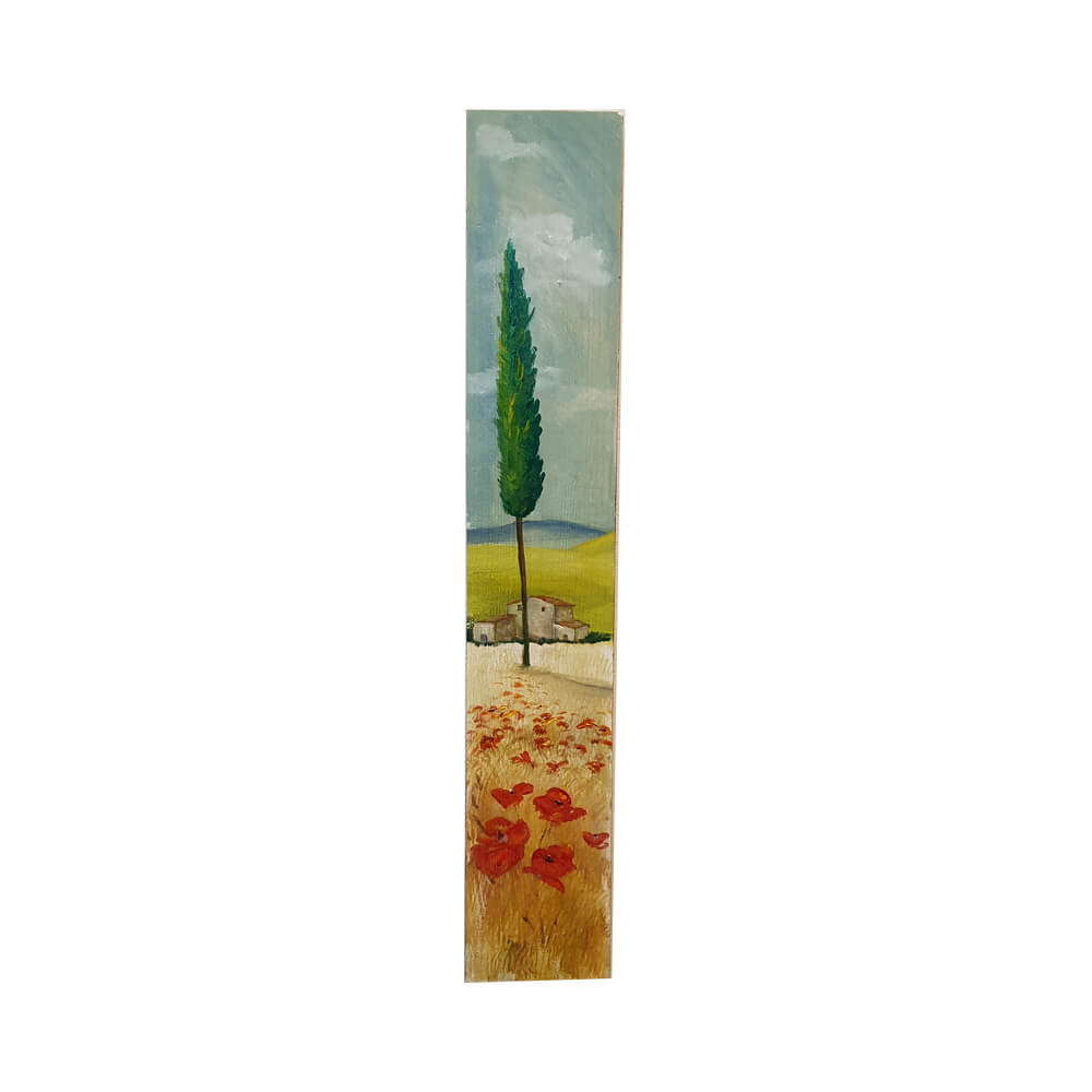 Painted on Wooden Plank | Tuscan Landscape | Poppies | 9x50cm
