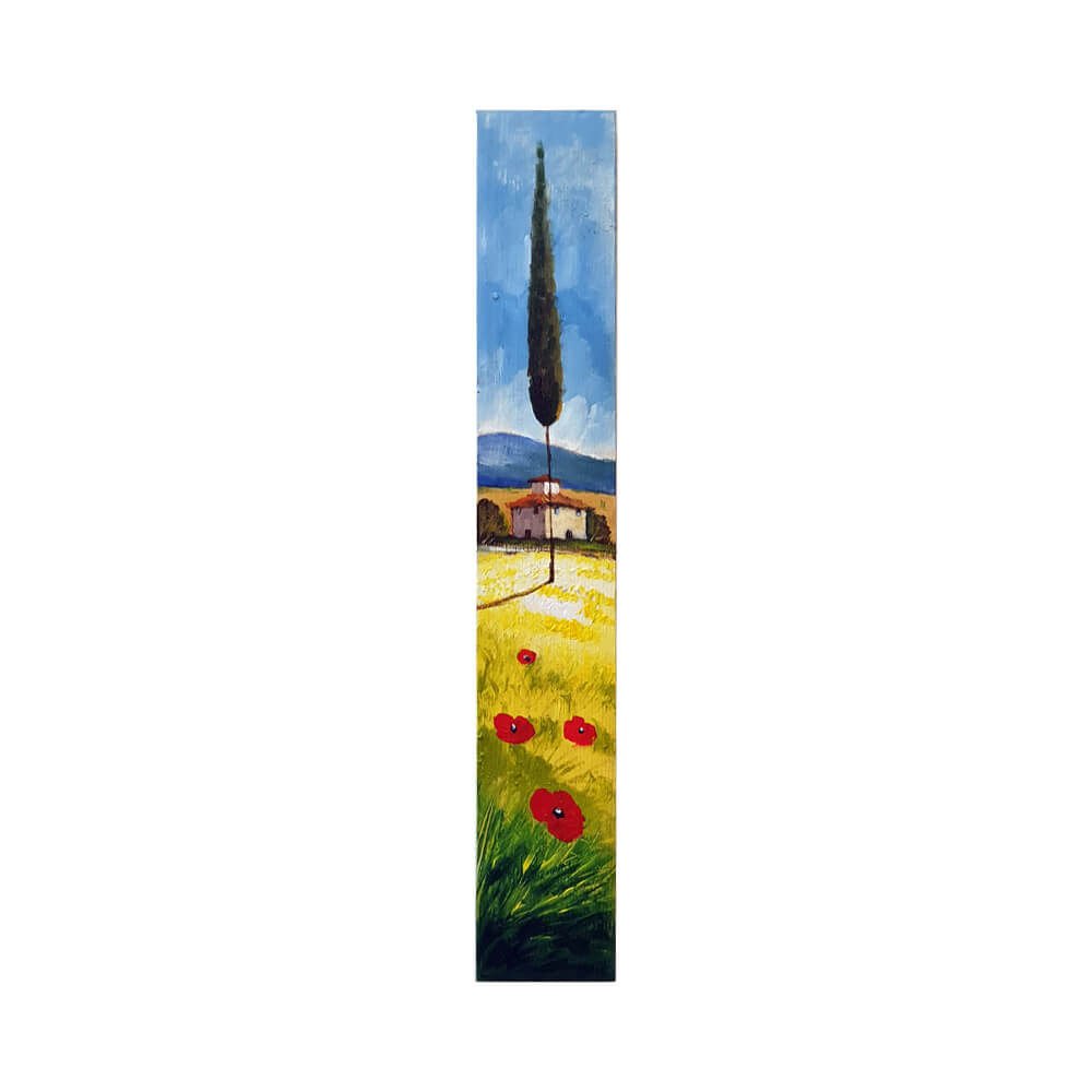 Painted on Wooden Plank | Tuscan Landscape | Poppies | 9x50cm