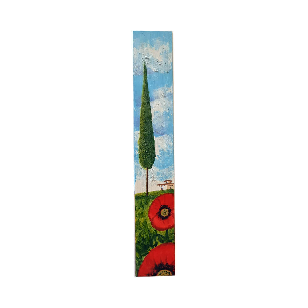 Painted on Wooden Plank | Tuscan Landscape | Poppies | 9x50cm
