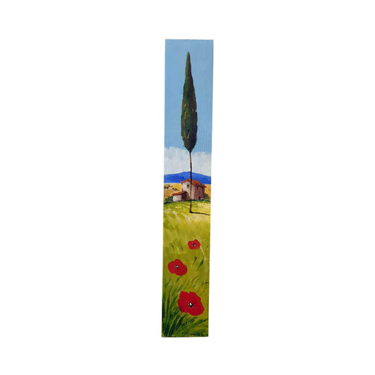 Painted on Wooden Plank | Tuscan Landscape | Poppies | 9x50cm