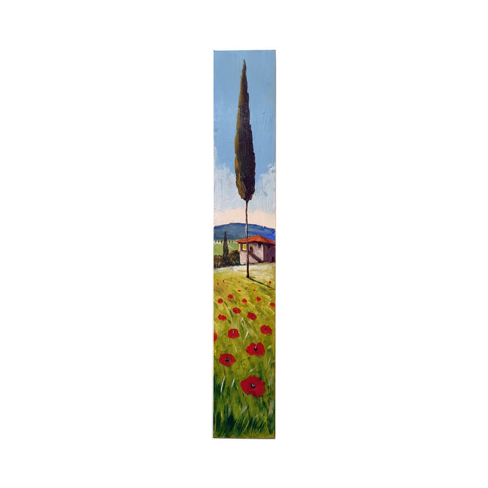 Painted on Wooden Plank | Tuscan Landscape | Poppies | 9x50cm