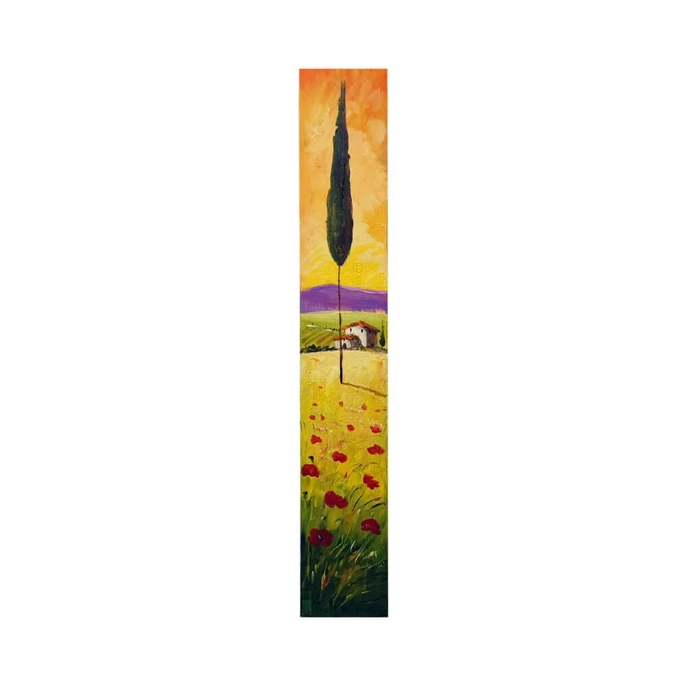 Painted on Wooden Plank | Tuscan Landscape | Poppies | 9x50cm