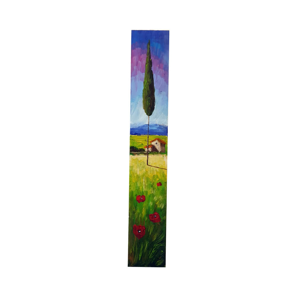 Painted on Wooden Plank | Tuscan Landscape | Poppies | 9x50cm