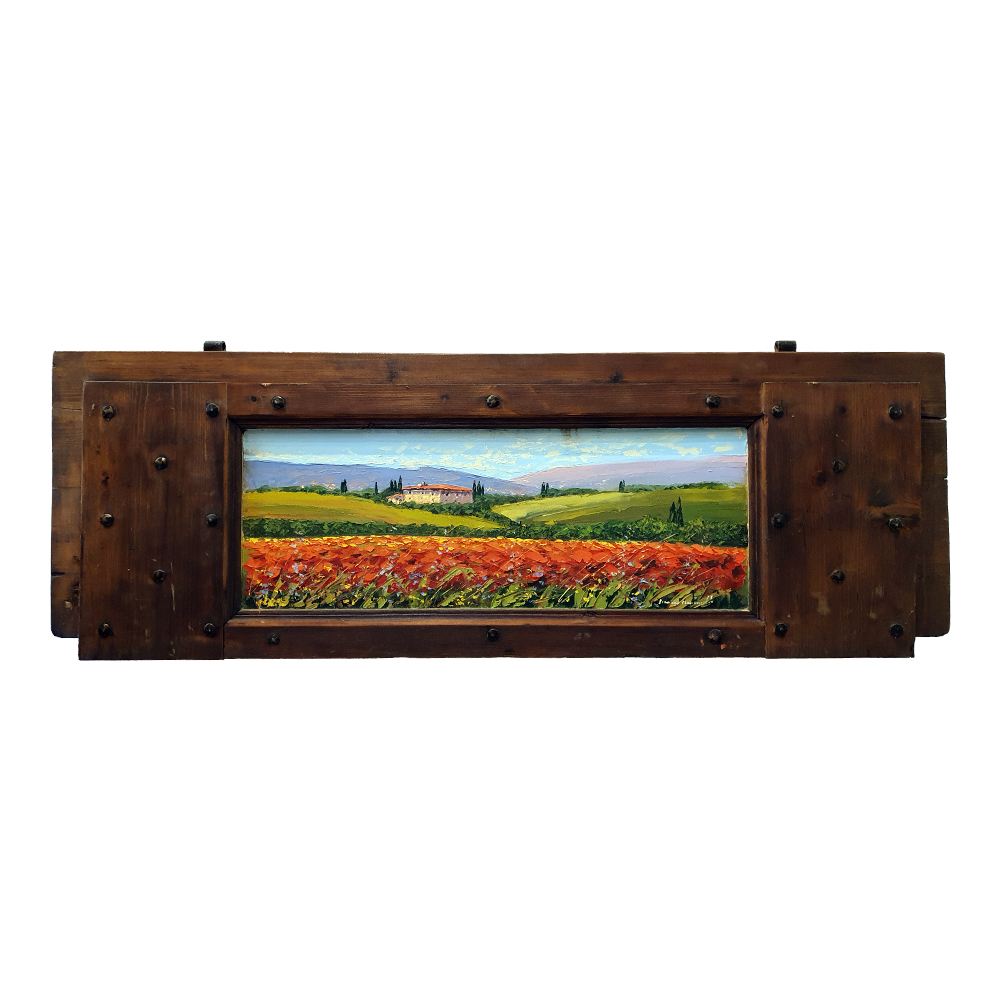 Painted on Wooden Shutter | Tuscan Landascape | Poppies | 130x44cm