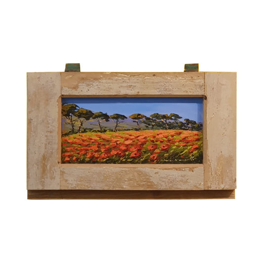 Hand-painted Tuscan Landscape on Wooden Shutter - Poppies - 50x31cm