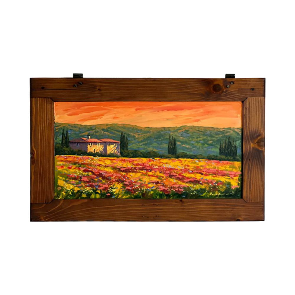 Painted on Wooden Shutters | Tuscan Landscape | Poppies | 69x41cm