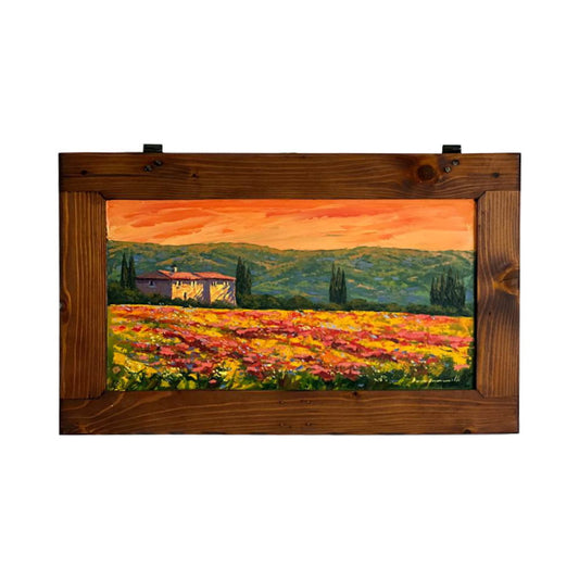 Painted on Wooden Shutters | Tuscan Landscape | Poppies | 69x41cm