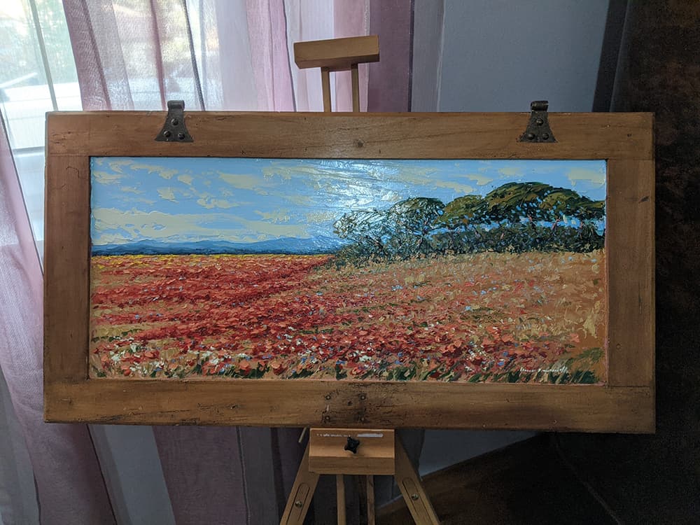 Painted on Wooden Shutter | Tuscan Landascape | Poppies | 95x48cm