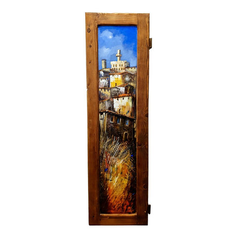 Painted on Wooden Shutters | Tuscan Landscape | Village of Montepulciano | 36x122cm