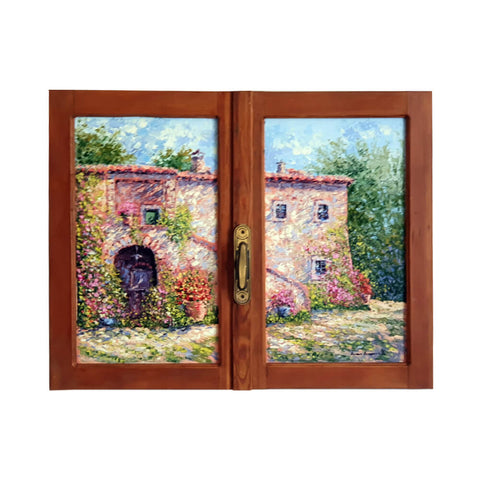 Painted on Wooden Window | Tuscan Landscape | Country House | 75x60cm