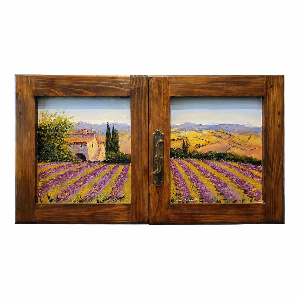 Painted on Wooden Window | Tuscan Landscape | Lavander | 86x48cm