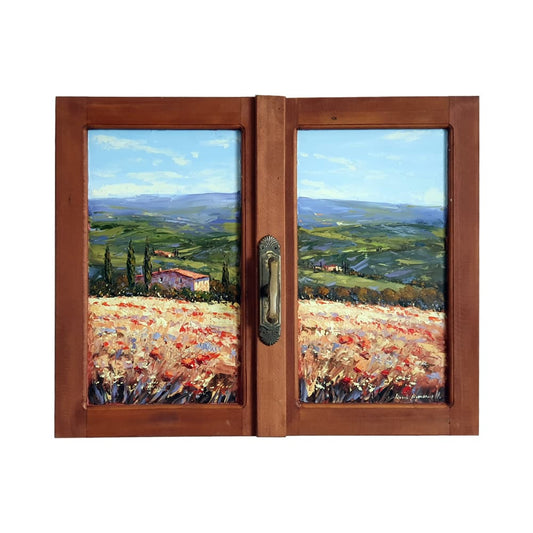 Hand-painted Tuscan Landscape on Wooden Window - Poppies - 70x56cm