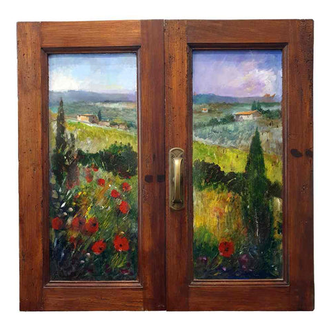 Painted on Wooden Window | Tuscan Landscape | Poppies | 70x68cm