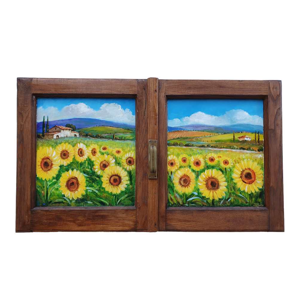 Painted on Wooden Window | Tuscan Landscape | Sunflowers | 104x60cm