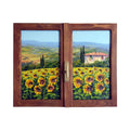 Painted on Wooden Window | Tuscan Landscape | Sunflowers | 82x62cm